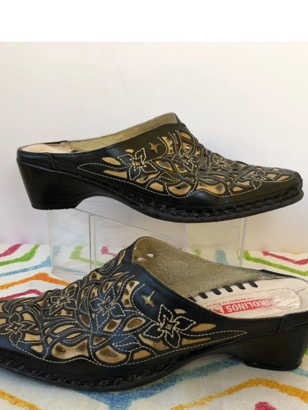 PIKOLINOS Black and Tan Floral Cutout Leather Clogs NWOT Size 10
